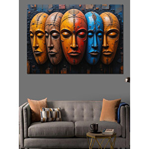 Renkli Ahşap Maskeler Dekoratif Kanvas - Mdf Ahşap Tablo 100x140 cm