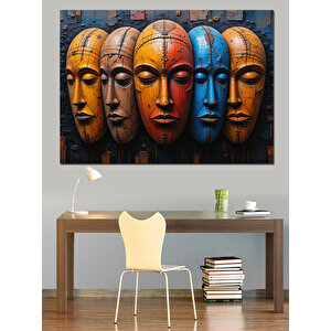 Renkli Ahşap Maskeler Dekoratif Kanvas - Mdf Ahşap Tablo 100x140 cm