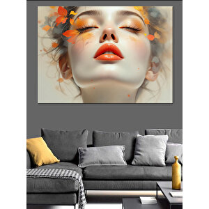 Turuncu Yapraklı Portre Kadın Dekoratif Kanvas - Mdf Ahşap Tablo 35x50 cm
