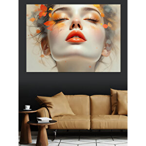 Turuncu Yapraklı Portre Kadın Dekoratif Kanvas - Mdf Ahşap Tablo 35x50 cm