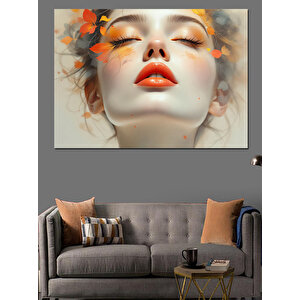 Turuncu Yapraklı Portre Kadın Dekoratif Kanvas - Mdf Ahşap Tablo