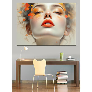 Turuncu Yapraklı Portre Kadın Dekoratif Kanvas - Mdf Ahşap Tablo