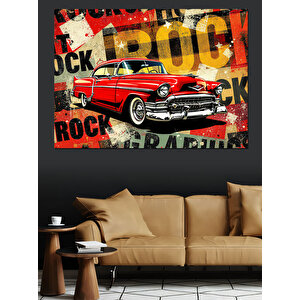 Rock Posteri Ve Kırmızı Araba Dekoratif Kanvas - Mdf Ahşap Tablo