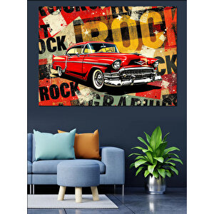Rock Posteri Ve Kırmızı Araba Dekoratif Kanvas - Mdf Ahşap Tablo