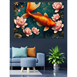 Nilüferler Arasında Japon Balığı Dekoratif Kanvas - Mdf Ahşap Tablo