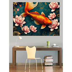 Nilüferler Arasında Japon Balığı Dekoratif Kanvas - Mdf Ahşap Tablo 100x140 cm