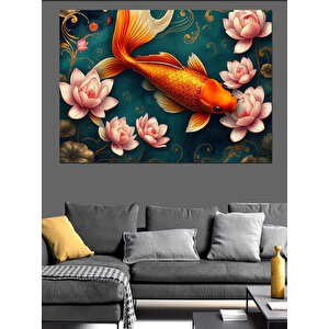 Nilüferler Arasında Japon Balığı Dekoratif Kanvas - Mdf Ahşap Tablo 100x140 cm