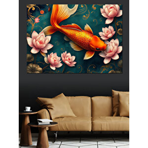 Nilüferler Arasında Japon Balığı Dekoratif Kanvas - Mdf Ahşap Tablo 100x140 cm