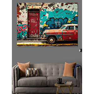 Graffiti Araba Ve Telefon Kulübesi Dekoratif Kanvas - Mdf Ahşap Tablo