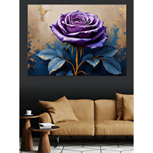 Mor Gül Altın Yapraklar Dekoratif Kanvas - Mdf Ahşap Tablo 70x100 cm