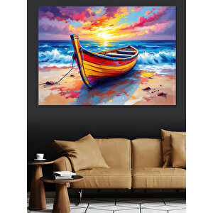 Renkli Sahil Kayığı Dekoratif Kanvas - Mdf Ahşap Tablo 100x140 cm