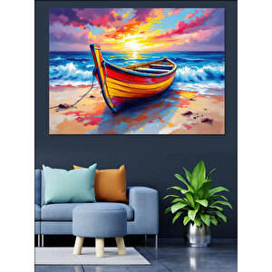 Renkli Sahil Kayığı Dekoratif Kanvas - Mdf Ahşap Tablo 100x140 cm
