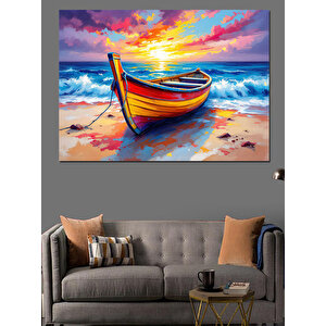 Renkli Sahil Kayığı Dekoratif Kanvas - Mdf Ahşap Tablo 100x140 cm