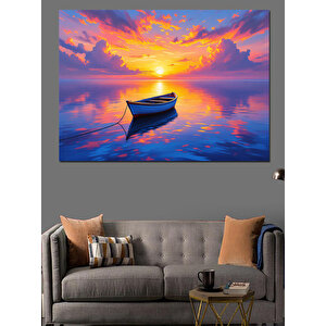 Günbatımında Yalnız Sandal Manzarası Dekoratif Kanvas - Mdf Ahşap Tablo 25x35 cm