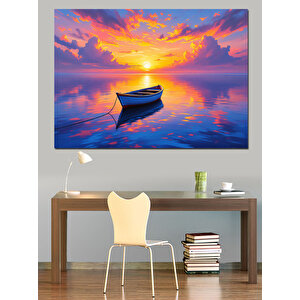 Günbatımında Yalnız Sandal Manzarası Dekoratif Kanvas - Mdf Ahşap Tablo 25x35 cm