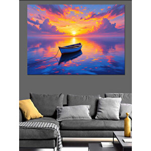 Günbatımında Yalnız Sandal Manzarası Dekoratif Kanvas - Mdf Ahşap Tablo