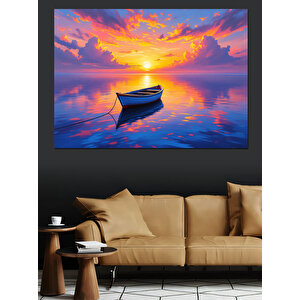 Günbatımında Yalnız Sandal Manzarası Dekoratif Kanvas - Mdf Ahşap Tablo