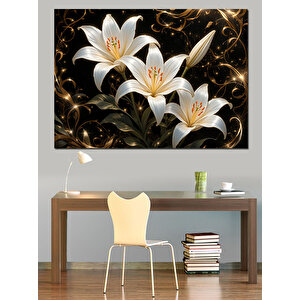 Altın Yapraklı Zambak Dekoratif Kanvas - Mdf Ahşap Tablo 50x70 cm