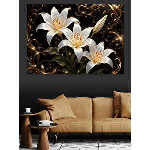 Altın Yapraklı Zambak Dekoratif Kanvas - Mdf Ahşap Tablo 50x70 cm