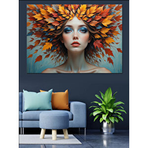 Turuncu Yapraklı Kadın Portresi Dekoratif Kanvas - Mdf Ahşap Tablo