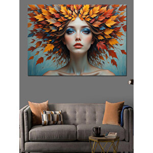 Turuncu Yapraklı Kadın Portresi Dekoratif Kanvas - Mdf Ahşap Tablo