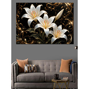 Altın Yapraklı Zambak Dekoratif Kanvas - Mdf Ahşap Tablo