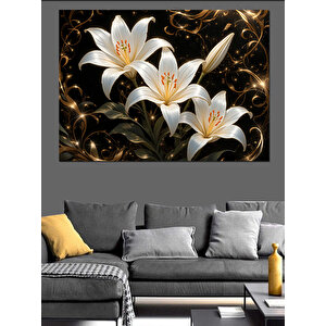 Altın Yapraklı Zambak Dekoratif Kanvas - Mdf Ahşap Tablo 70x100 cm