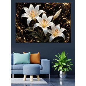 Altın Yapraklı Zambak Dekoratif Kanvas - Mdf Ahşap Tablo