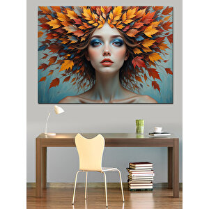 Turuncu Yapraklı Kadın Portresi Dekoratif Kanvas - Mdf Ahşap Tablo 100x140 cm