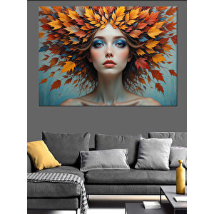Turuncu Yapraklı Kadın Portresi Dekoratif Kanvas - Mdf Ahşap Tablo 100x140 cm