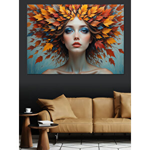 Turuncu Yapraklı Kadın Portresi Dekoratif Kanvas - Mdf Ahşap Tablo 100x140 cm