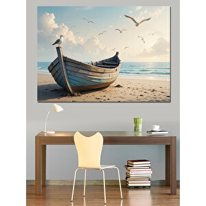 Kumsalda Terk Edilmiş Kayık Dekoratif Kanvas - Mdf Ahşap Tablo 35x50 cm