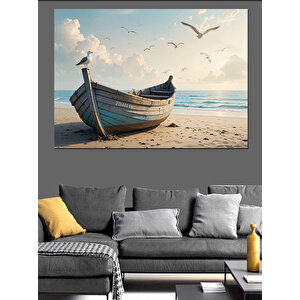 Kumsalda Terk Edilmiş Kayık Dekoratif Kanvas - Mdf Ahşap Tablo 35x50 cm