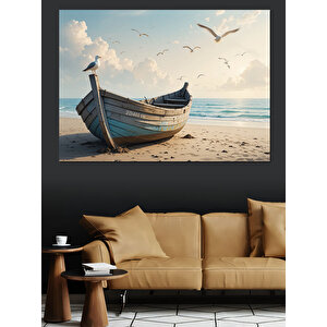 Kumsalda Terk Edilmiş Kayık Dekoratif Kanvas - Mdf Ahşap Tablo 35x50 cm