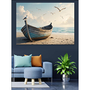 Kumsalda Terk Edilmiş Kayık Dekoratif Kanvas - Mdf Ahşap Tablo