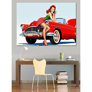 Kırmızı Klasik Araba Dekoratif Kanvas - Mdf Ahşap Tablo 100x140 cm