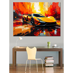Hızlı Sarı Spor Araba Dekoratif Kanvas - Mdf Ahşap Tablo 50x70 cm