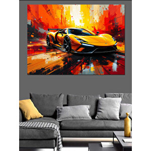 Hızlı Sarı Spor Araba Dekoratif Kanvas - Mdf Ahşap Tablo 50x70 cm