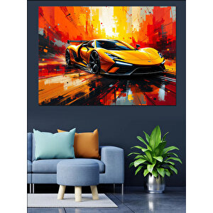 Hızlı Sarı Spor Araba Dekoratif Kanvas - Mdf Ahşap Tablo