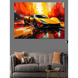 Hızlı Sarı Spor Araba Dekoratif Kanvas - Mdf Ahşap Tablo