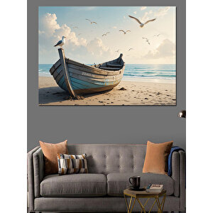 Kumsalda Terk Edilmiş Kayık Dekoratif Kanvas - Mdf Ahşap Tablo