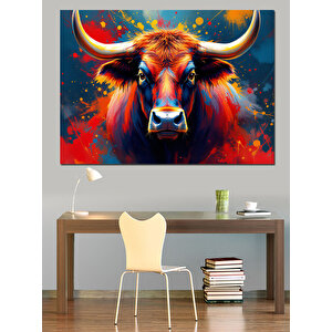 Soyut Renkli Boğa Portresi Dekoratif Kanvas - Mdf Ahşap Tablo 70x100 cm