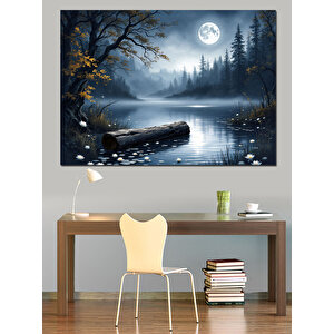 Gölde Ay Işığı Sandal Dekoratif Kanvas - Mdf Ahşap Tablo 70x100 cm