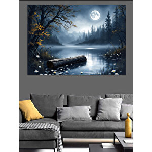 Gölde Ay Işığı Sandal Dekoratif Kanvas - Mdf Ahşap Tablo 70x100 cm