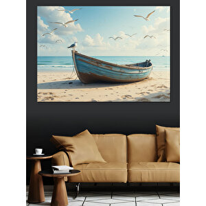 Kumsalda Terkedilmiş Kayık Dekoratif Kanvas - Mdf Ahşap Tablo 50x70 cm