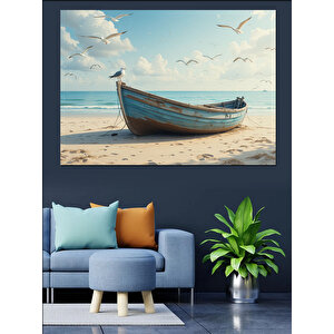 Kumsalda Terkedilmiş Kayık Dekoratif Kanvas - Mdf Ahşap Tablo 50x70 cm