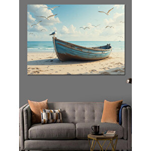 Kumsalda Terkedilmiş Kayık Dekoratif Kanvas - Mdf Ahşap Tablo 50x70 cm