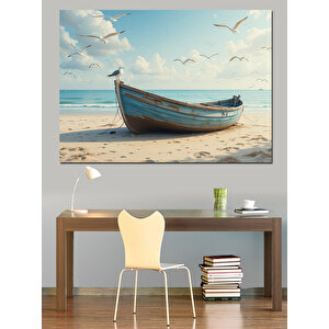 Kumsalda Terkedilmiş Kayık Dekoratif Kanvas - Mdf Ahşap Tablo