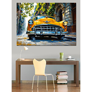 Yağmurlu Sarı Klasik Araba Dekoratif Kanvas - Mdf Ahşap Tablo 70x100 cm