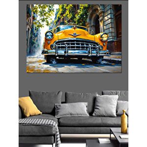 Yağmurlu Sarı Klasik Araba Dekoratif Kanvas - Mdf Ahşap Tablo 70x100 cm